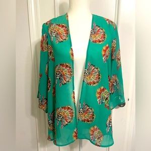 Vibrant Green Kimono with Colorful Feather Design